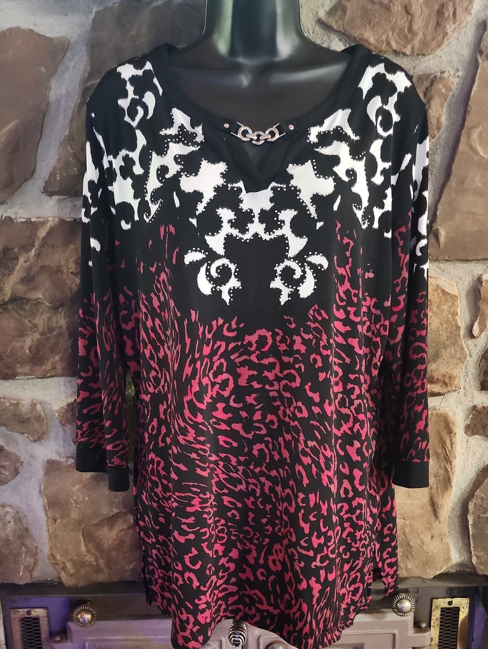 JM Collection Black and White Animal Print Blouse with Chain Detail
